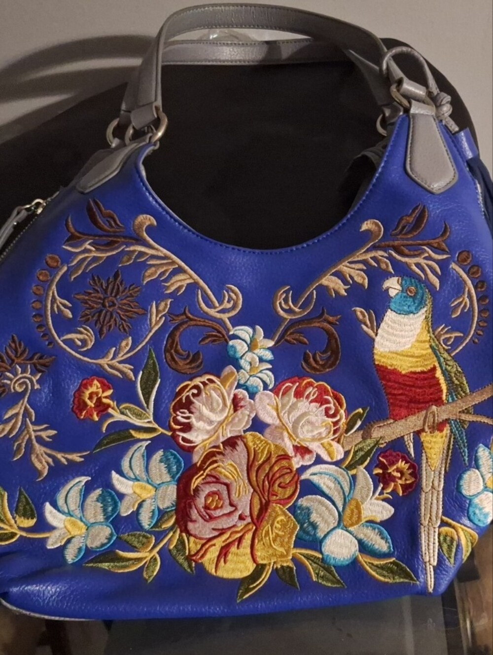Sharif Royal Blue Embroidered Parrot & Floral Shoulder Bag